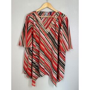 Catherines Petite 1XWP 18/20WP Tunic Top‎ Striped Pleated Bling V Neck Blouse